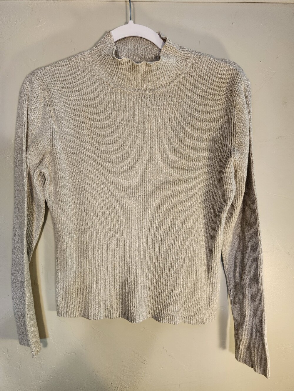 Marisa Christina Ribbed Mock Neck Sweater Beige 100% Cotton